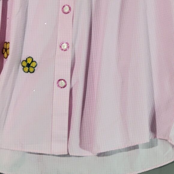 Pink Gingham Check Flannel Top Womens Plus Size 1X Rhinestone Floral Embellished - Picture 12 of 16
